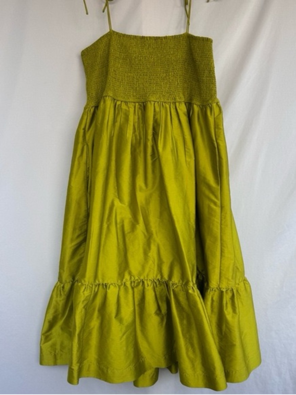 Lime chartreuse green Smocked Midi Sundress with Ruffle Hem - Small - EUC
